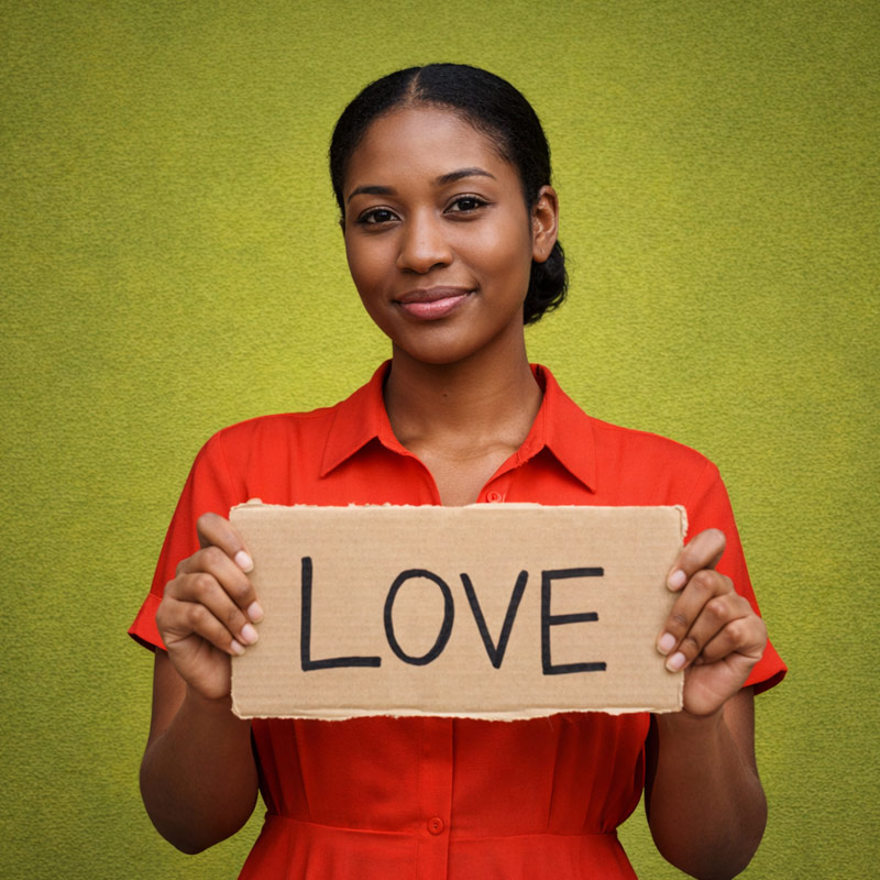 Our Mission: woman with sign that says love